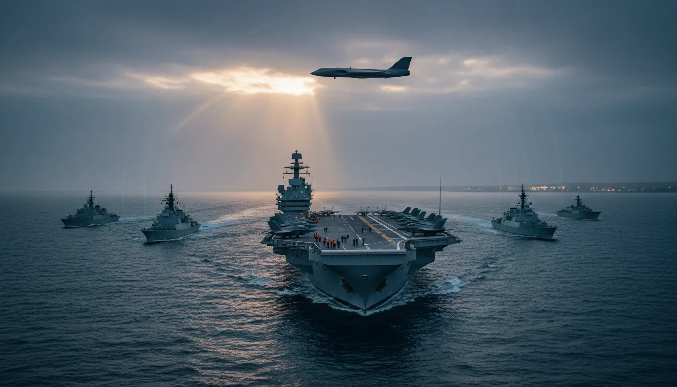Porte-avions britannique en haute préparation avec avions sur le pont, escorte navale et silhouette d'un bombardier américain dans le ciel au large du Royaume‑Uni.