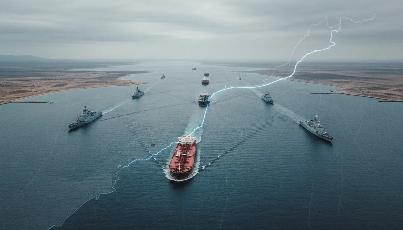 Vue aérienne du détroit d'Hormuz montrant des pétroliers traversant le passage étroit pendant que des navires de guerre restent en retrait, ciel menaçant — illustration des tensions et du refus d'intervention.
