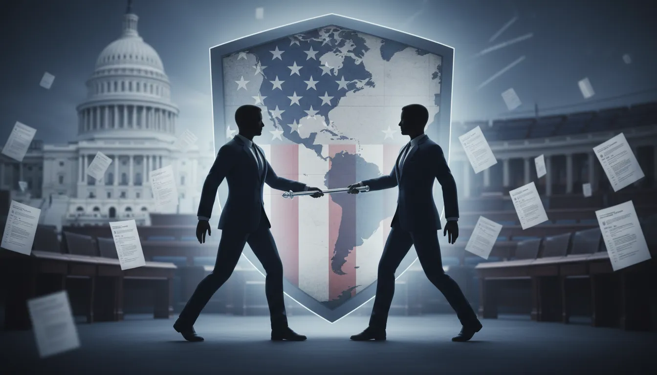 Illustration symbolique d’un remaniement au Department of Homeland Security : deux silhouettes échangeant un témoin devant un bouclier stylisé aux couleurs américaines, carte des Amériques et le Capitole en arrière‑plan, sans texte