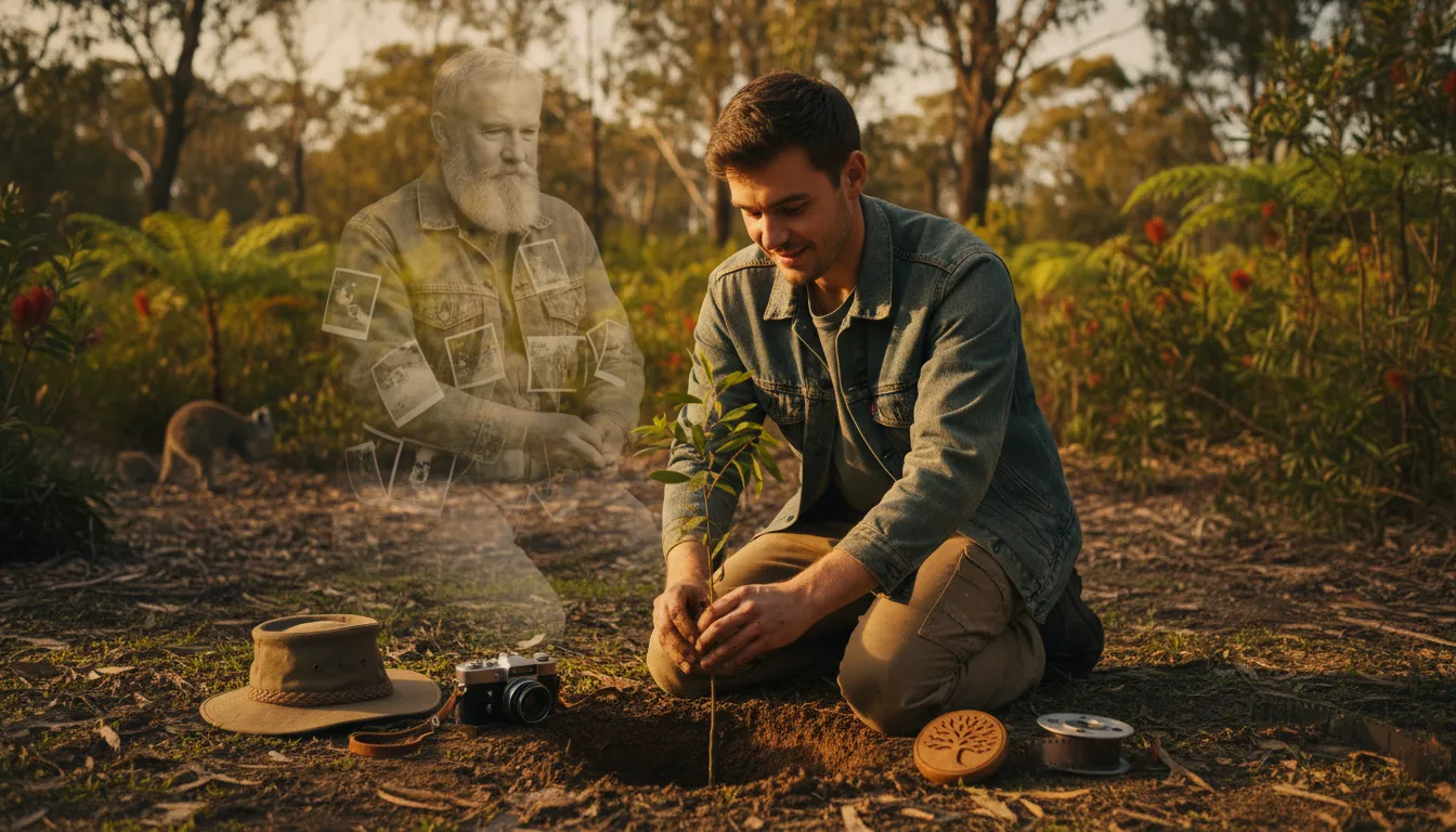 Junger Mann pflanzt einen Baum im warmen Licht; daneben liegen ein Feldhut, eine Filmkamera und Filmstreifen, im Hintergrund bildet sich aus Fotos die verblassende Silhouette eines älteren Mannes – Symbol für Erinnerungen, Trauerbewältigung und das Weiterführen eines Naturerbes.