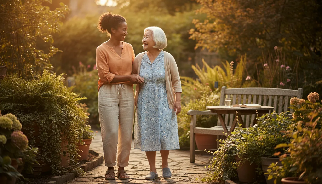 Aidant familial soutenant une personne âgée dans un jardin ensoleillé, sourire bienveillant évoquant bien‑être et meilleure santé