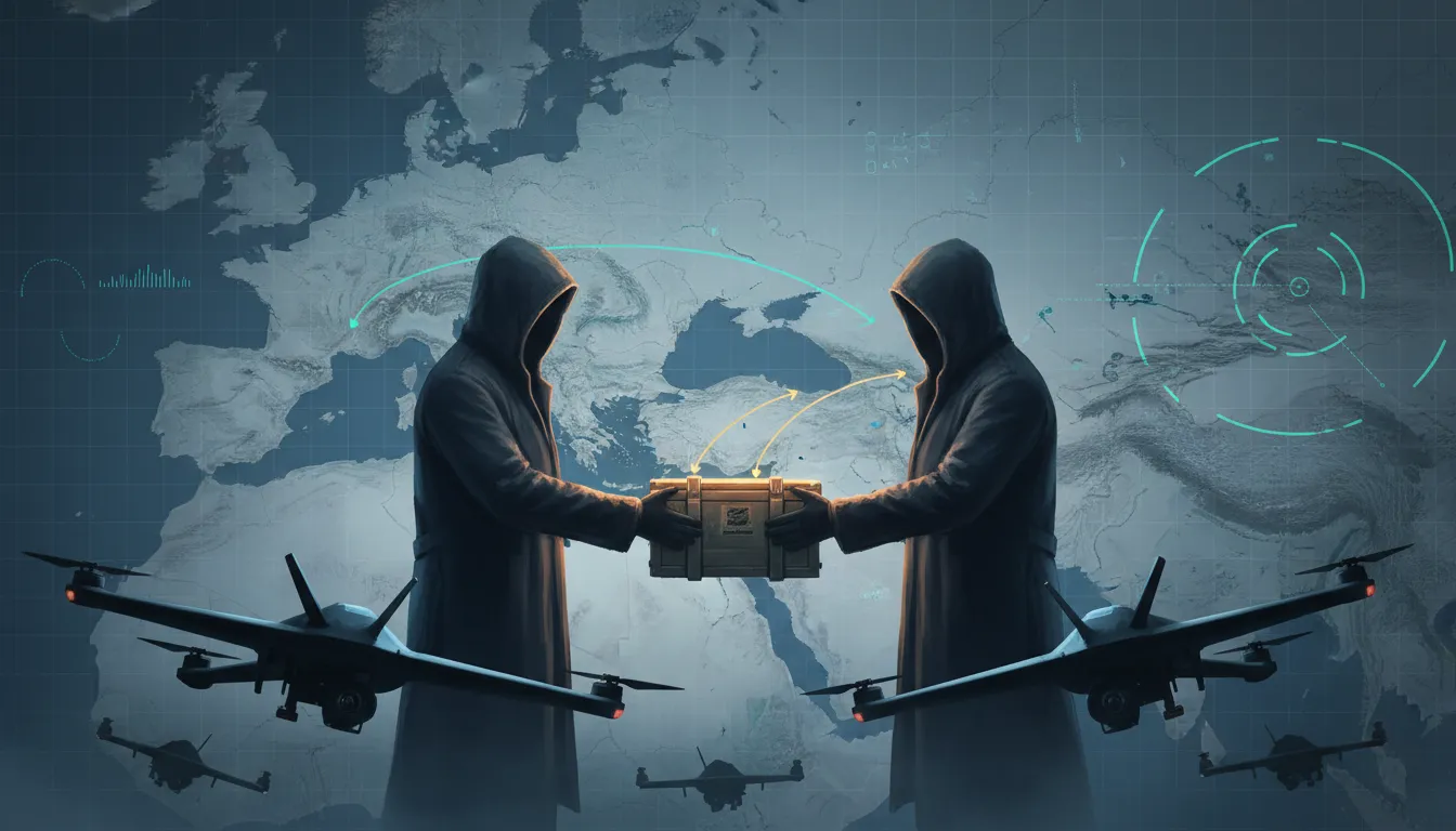 Silhouetten von Militärdrohnen über einer stilisierten Karte von Russland, Iran und der Ukraine, leuchtende Flugrouten und Datenströme verbinden die Regionen, Schattenfiguren tauschen ein versiegeltes Paket – Symbol für mögliche Waffen- und Informationslieferungen und geopolitische Spannungen.