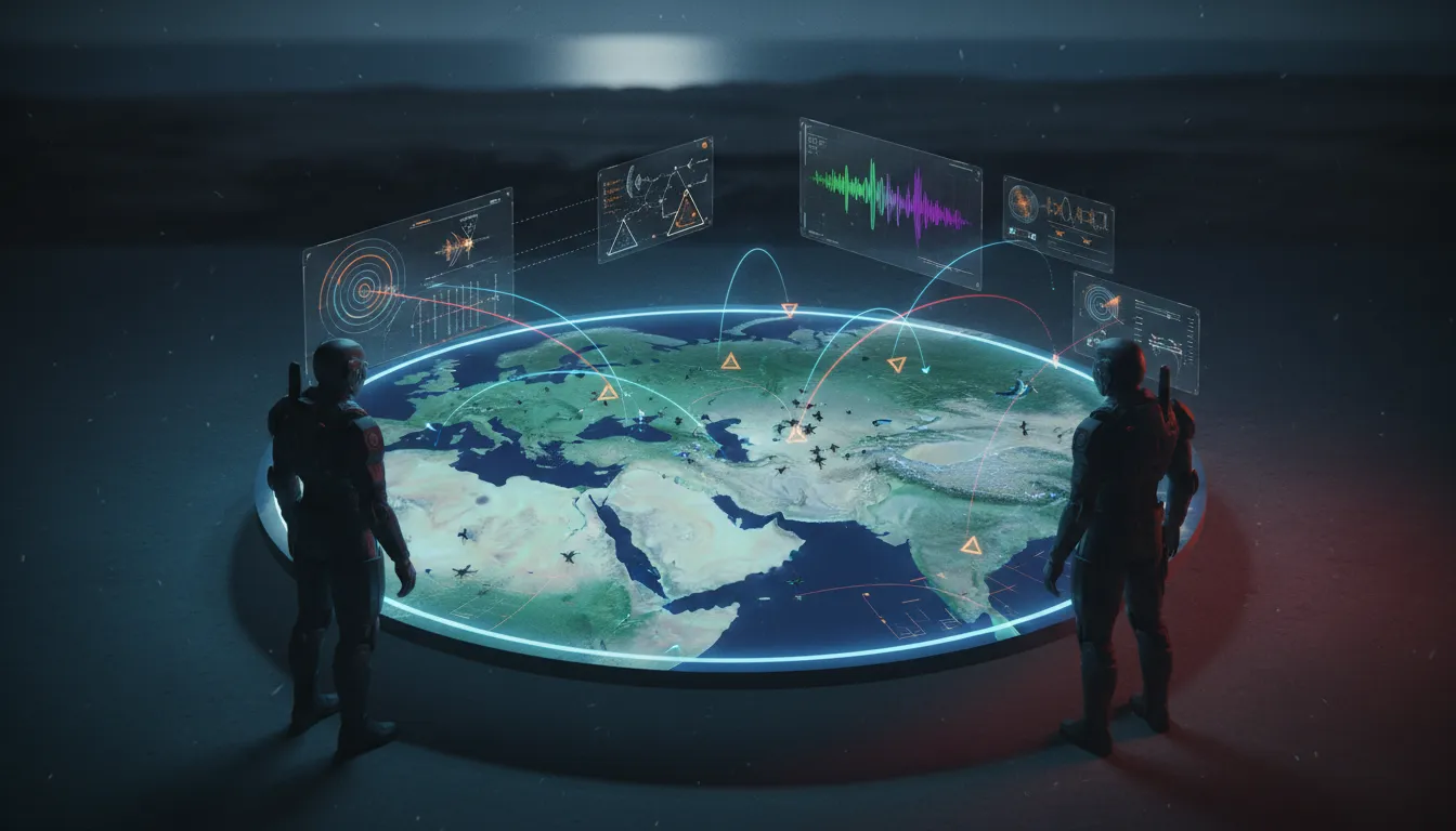 Konzeptbild: Silhouetten von Technikern über holografischem Nahost-Kartentisch mit Schwarmdrohnen, Radarbeam und Störsignalen – Darstellung von Taktikberatung und Gegenmaßnahmen.