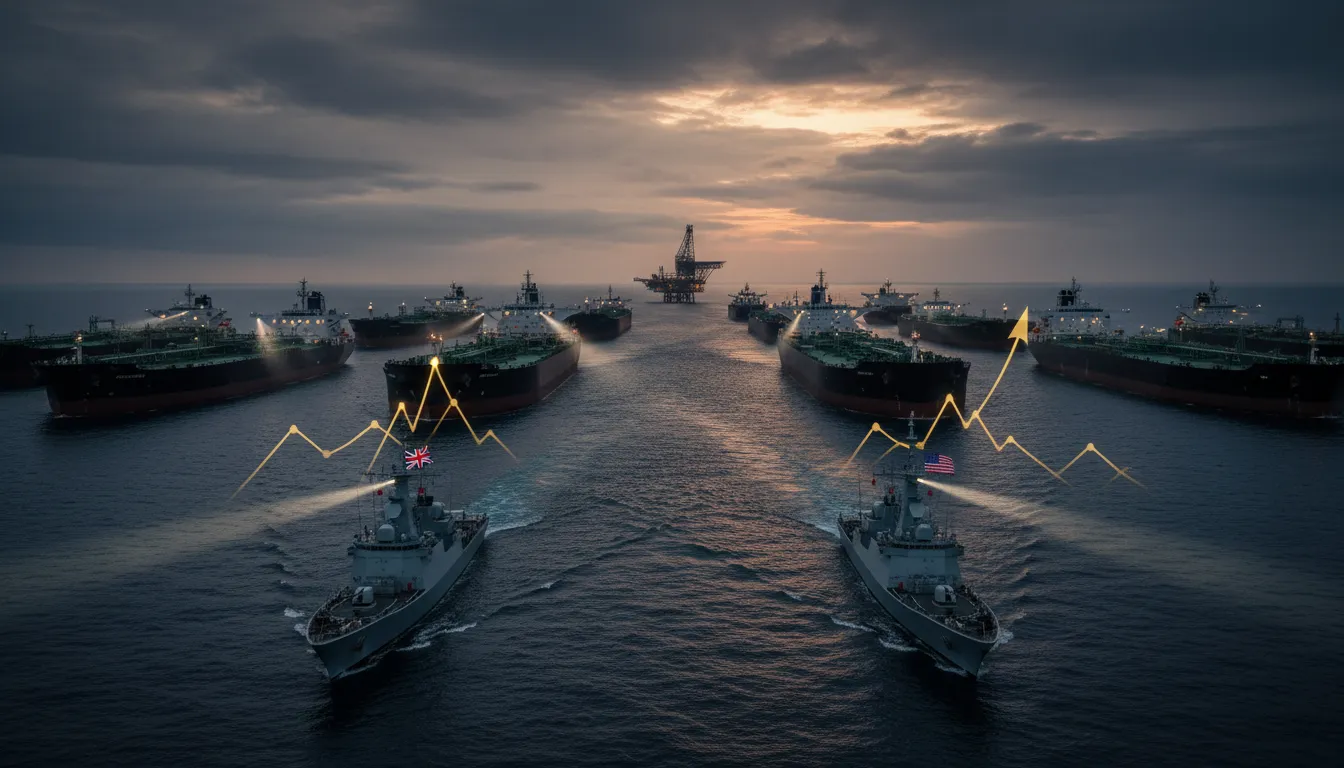 Navires militaires britanniques et américains patrouillant le détroit d'Hormuz près de pétroliers et d'une plateforme, symbolisant tensions géopolitiques et impact sur l'énergie