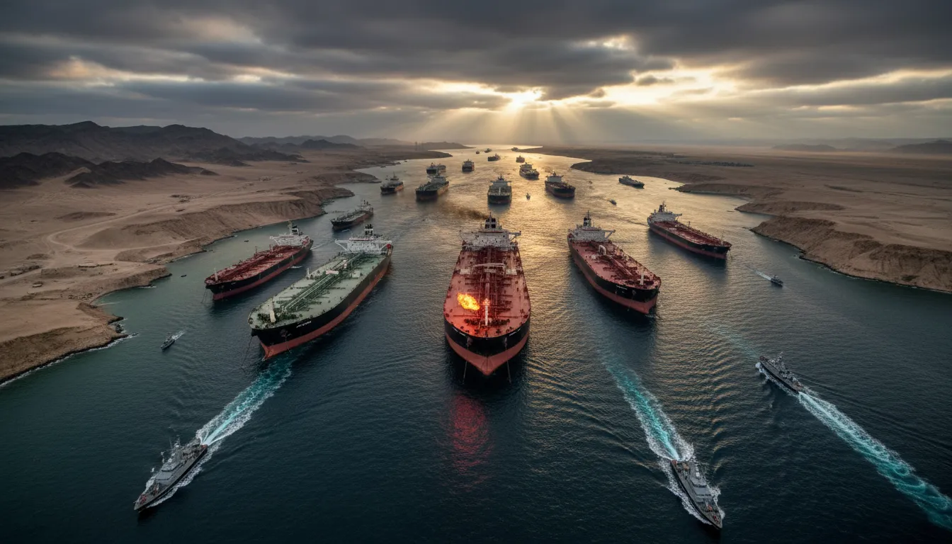 Luftaufnahme der Straße von Hormus: enge Meerenge zwischen kargen Küsten, aufgehaltene Öltanker und patrouillierende Kriegsschiffe unter dramatischem Himmel – Symbol für Sperrung, Versorgungssicherheit und Risiken.