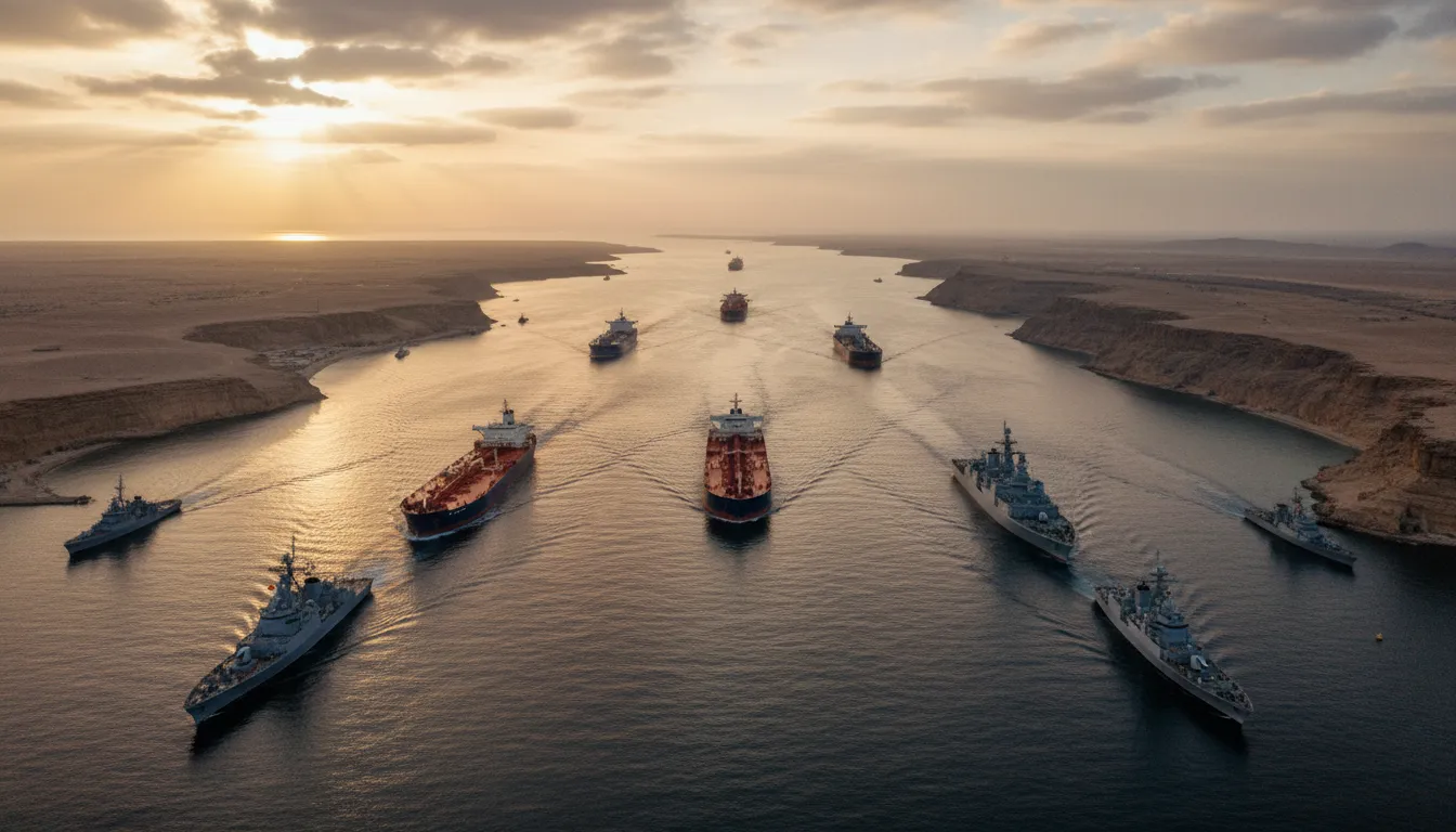 Kriegsschiffe und Minensucher halten Abstand zu Öltankern in der Straße von Hormus, symbolisch für die Zurückhaltung von Verbündeten