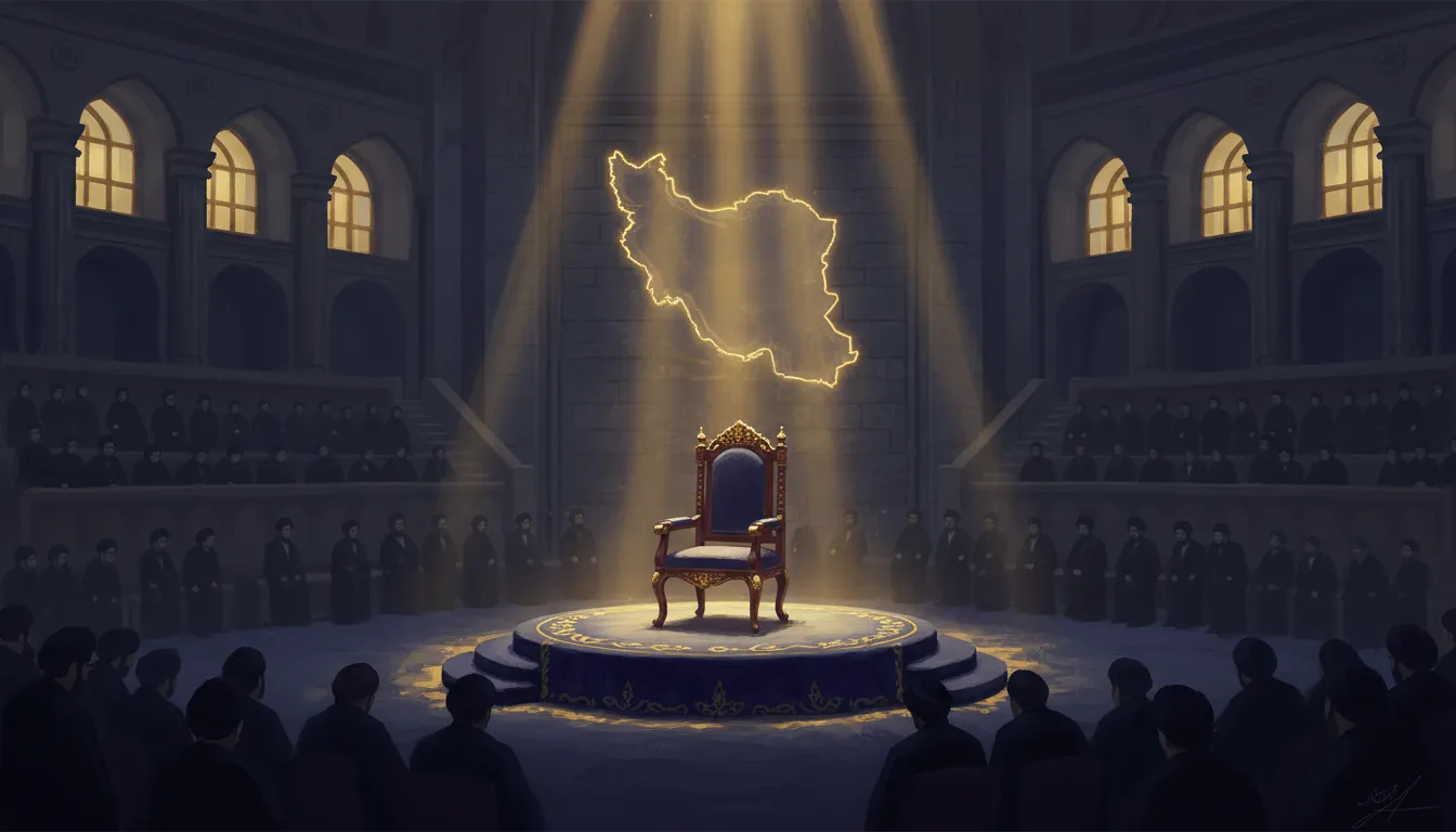 Illustration symbolique : chaise cérémoniale vide dans une salle d'assemblée religieuse iranienne, silhouettes floutées et carte de l'Iran en arrière-plan