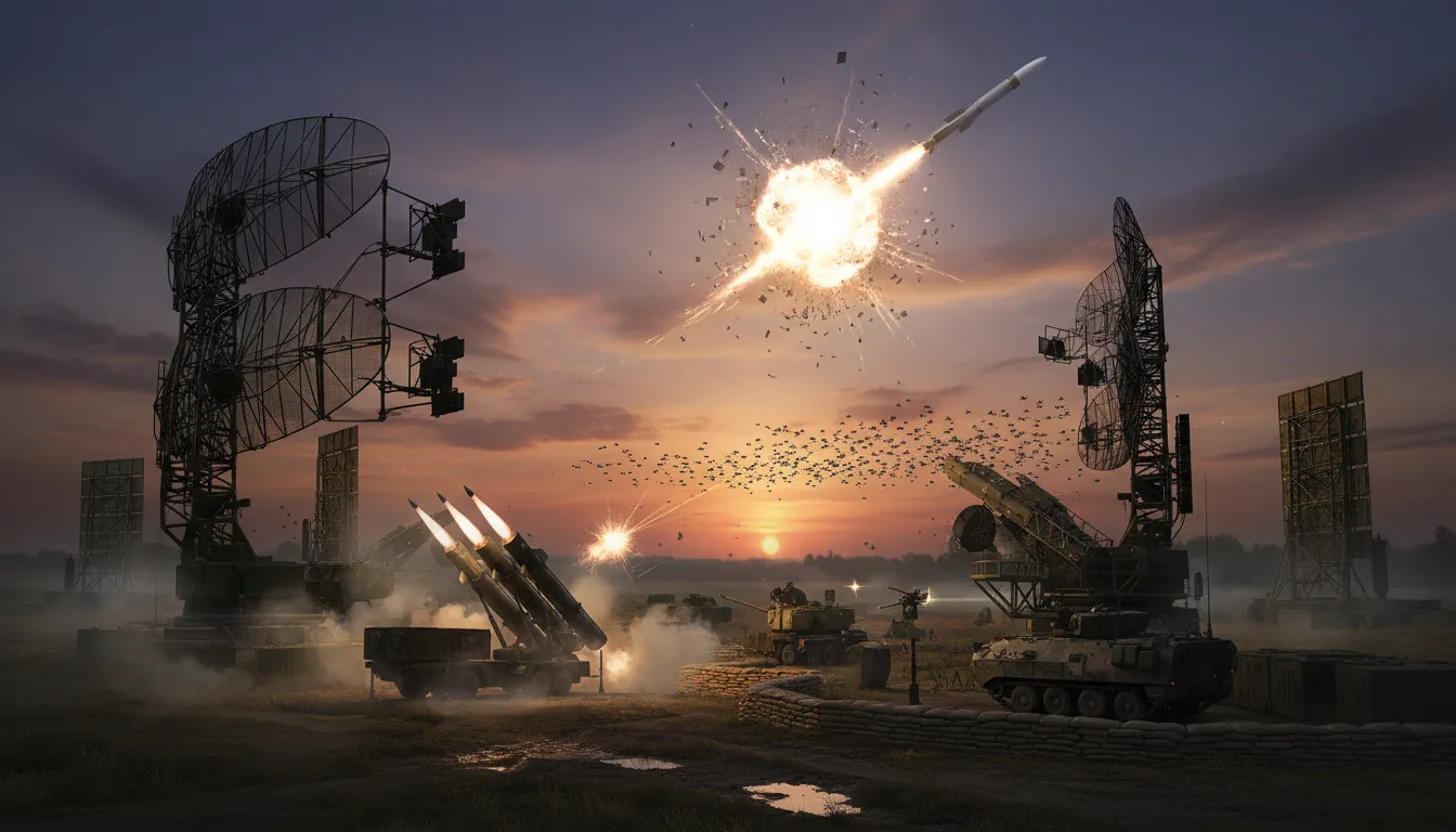 Système de défense antimissile en action : radar, lanceur et intercepteur détruisant un missile balistique tandis qu'un essaim de drones approche