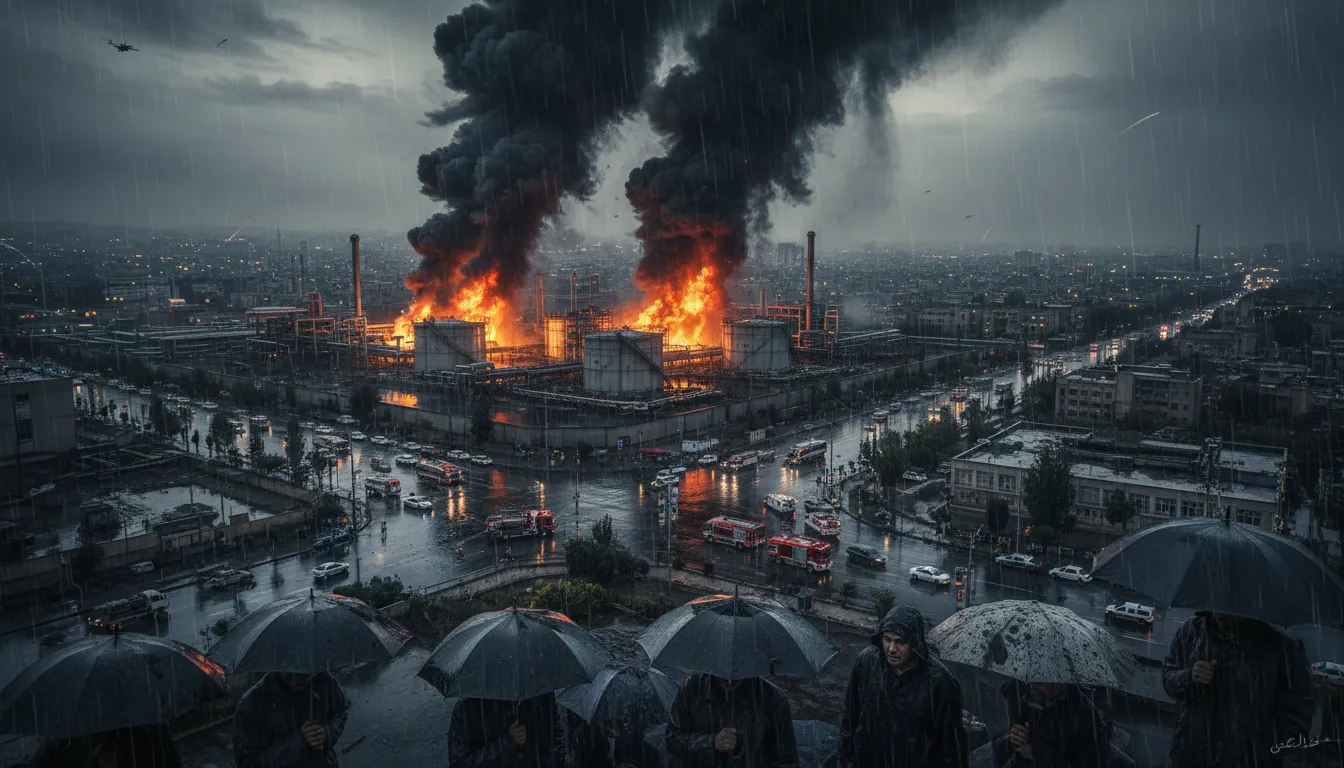 Schwarzer, ölhaltiger Regen über Teheran nach Bränden an Öl- und Kraftstoffanlagen; Rauch, brennende Tanks, Drohnen am Himmel und Einsatzkräfte