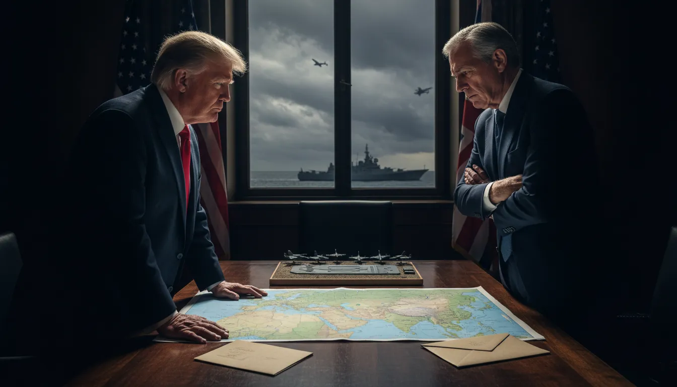 Donald Trump et Tony Blair évoqués en réunion tendue sur la réponse du Royaume‑Uni à l'Iran, carte du Moyen‑Orient et symboles militaires en arrière‑plan