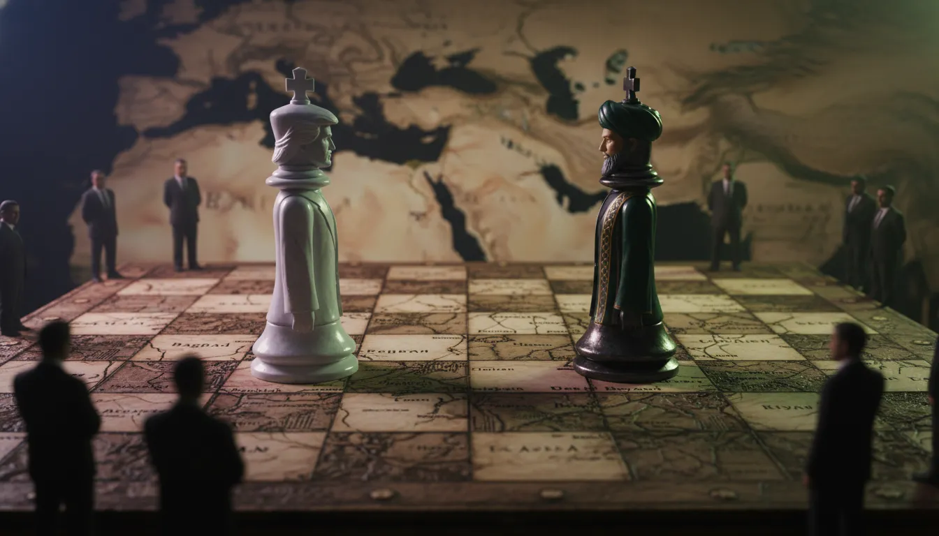 Échiquier symbolique sur une carte du Moyen-Orient, pièce évoquant la présidence américaine face à une pièce représentant un guide iranien, éclairage dramatique