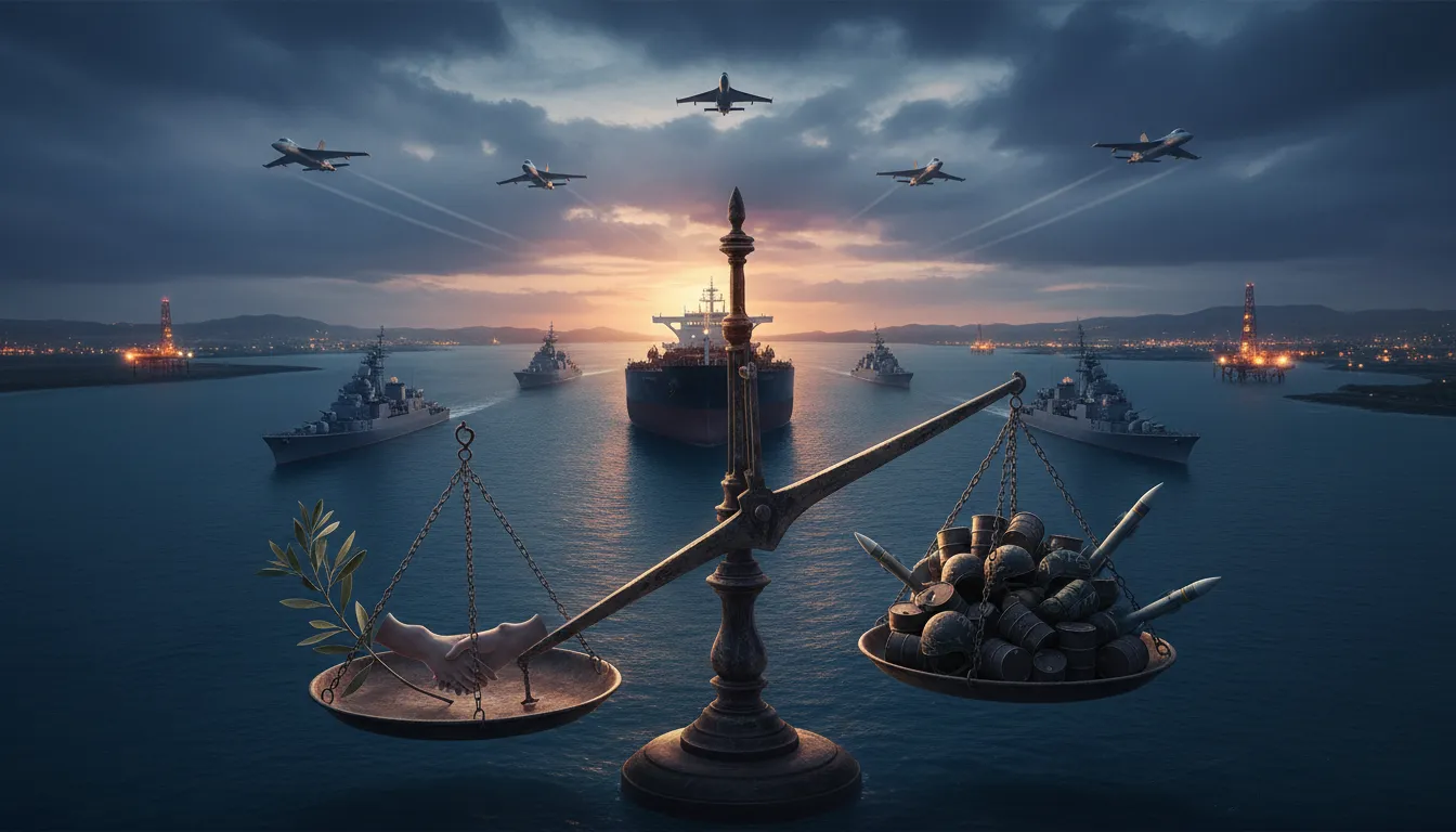 Illustration symbolique d'un pétrolier dans le détroit d'Hormuz entouré de navires militaires et d'une balance penchée entre armement et branche d'olivier