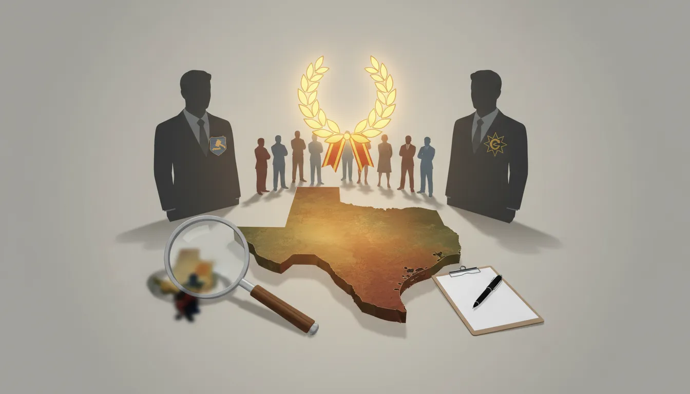 Illustration einer Texas-Karte mit zwei kandidierenden Silhouetten und einem schwebenden goldenen Lorbeerzeichen dazwischen, symbolisch für Trumps unentschlossene Senats-Unterstützung