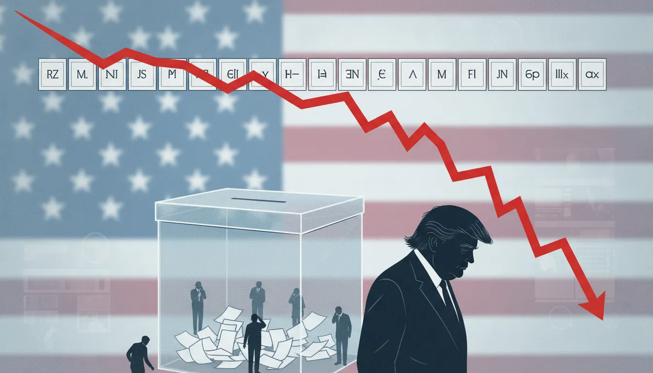 Symbolische Editorial-Illustration: roter Abwärtstrend über zwölf Monatsmarkierungen, abstrakte Politiker-Silhouette, Wahlurne und besorgte Wähler vor verschwommener US-Flagge, Thema: ein Jahr negative Zustimmungswerte und Folgen für die Zwischenwahlen