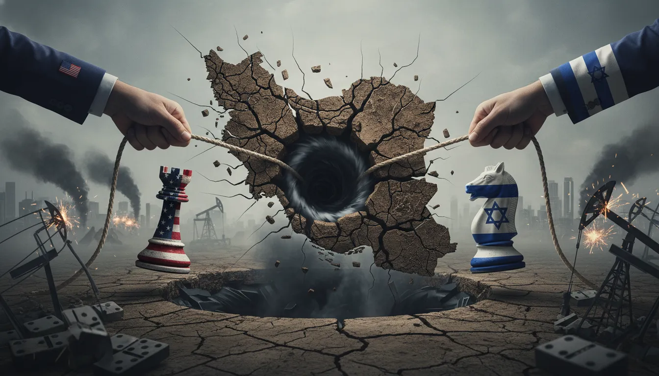 Symbolische Illustration: USA- und Israel-Symbole ziehen an einem zerrissenen Umriss Irans, in der Mitte klafft ein Machtvakuum; umliegende Region mit kippenden Ölplattformen, Dominoeffekt und Rauch.