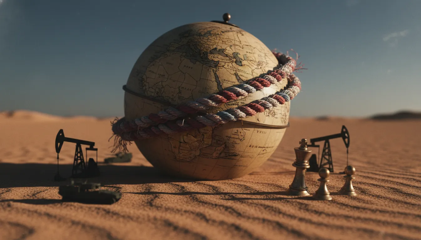 Symbolische Darstellung der US-Verstrickung im Nahen Osten: Globus mit umschlungener Kordel über der Region, Wüstenlandschaft mit Ölpumpen, Militärsilhouetten und halb vergrabenen Schachfiguren