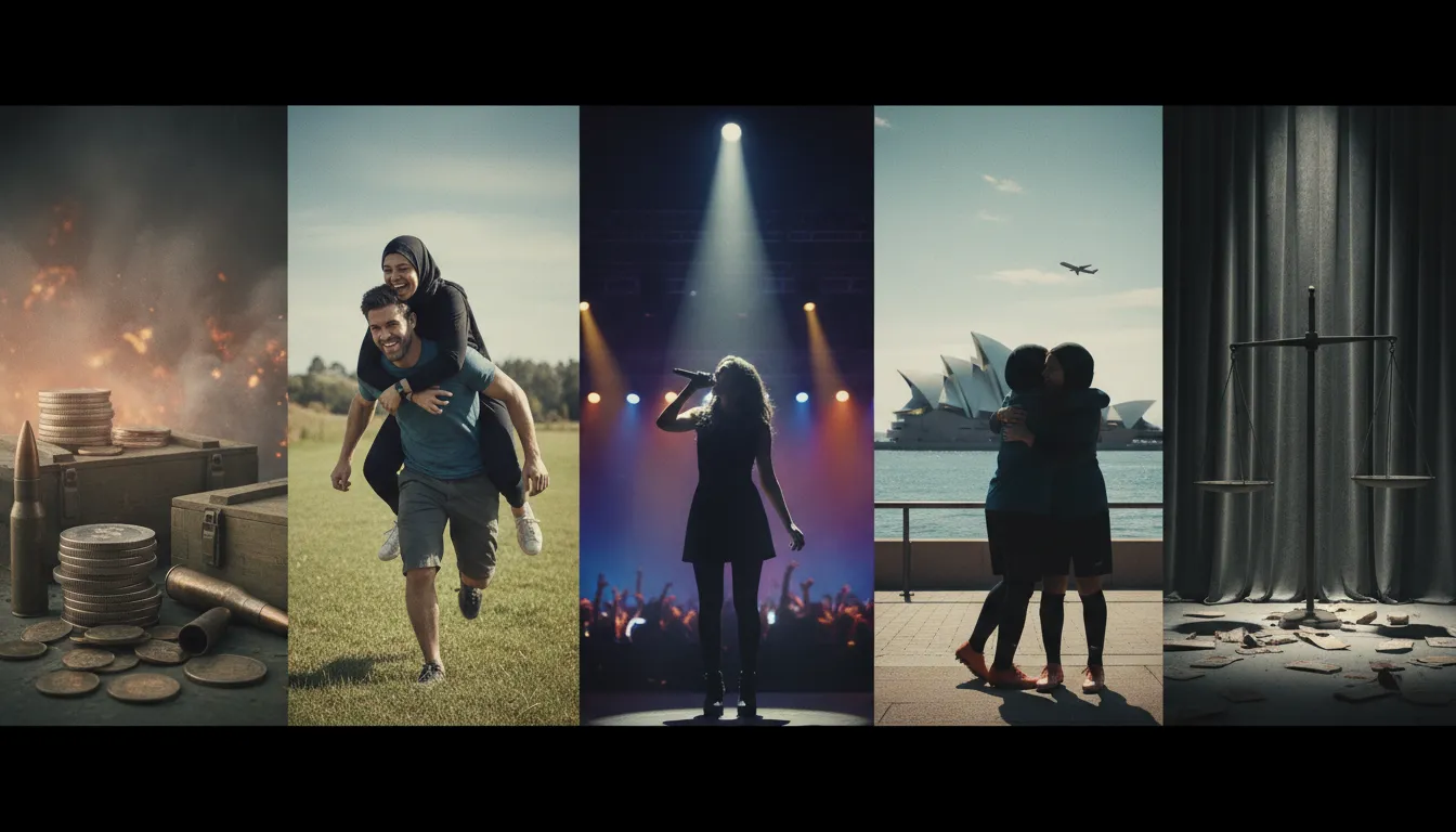 Collage mit Symbolen der Woche: Munition und Geld für Kriegskosten, Ehefrau‑Trage‑Rennen, nicht identifizierbare Sängerin auf der Bühne, iranische Fußballerinnen am Meer vor dem Sydney‑Opernhaus und ein Bühnenvorhang mit Waage als Symbol für Kartellklage