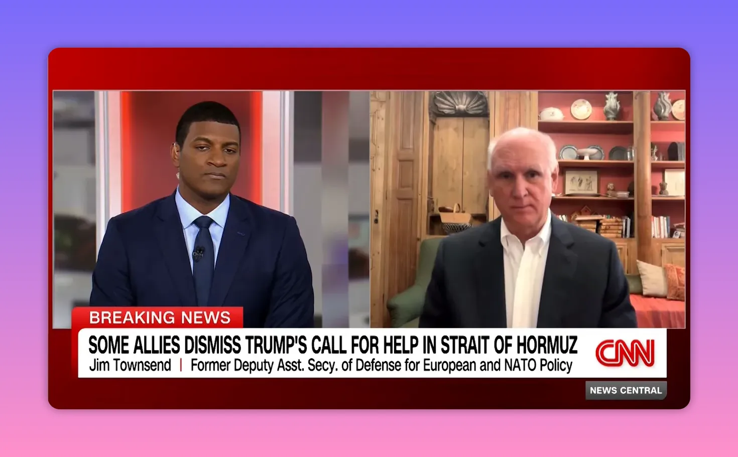 Split-screen TV-Interview mit Moderator und Gast; Chyron: 'SOME ALLIES DISMISS TRUMP'S CALL FOR HELP IN STRAIT OF HORMUZ' und untere Leiste mit Funktion des Gastes.