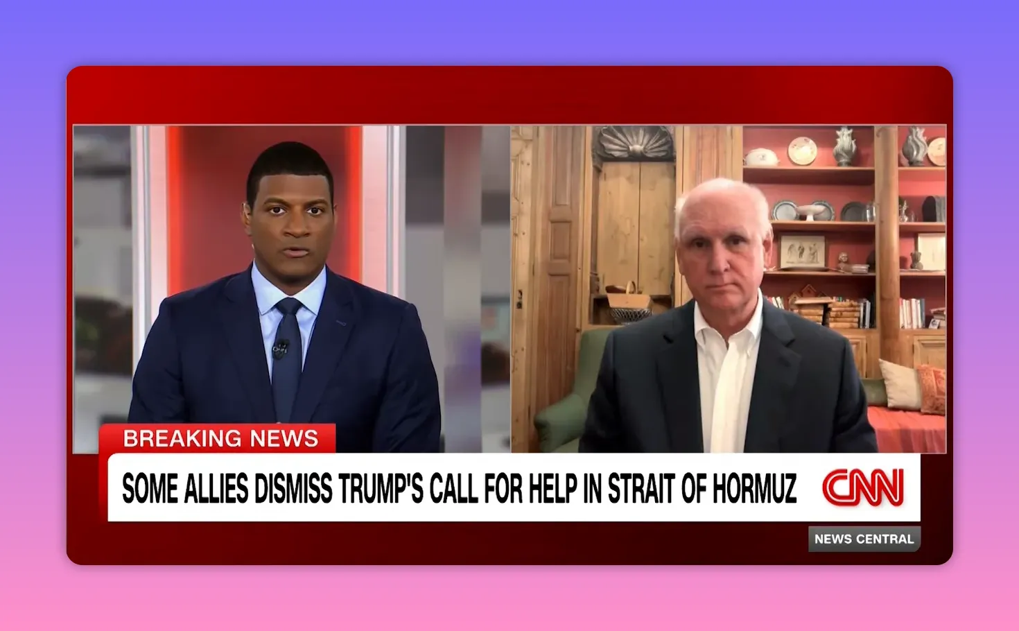 Nachrichtensendung im Split-Screen mit Moderator und Interviewgast sowie Einblendung zum Thema Straße von Hormus