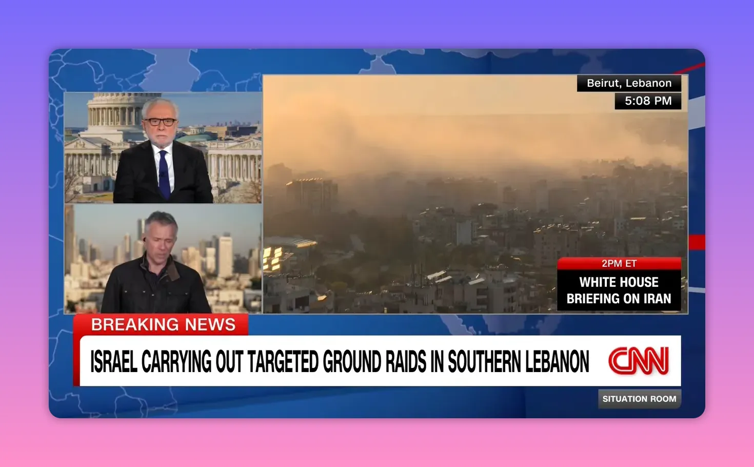 Breites CNN-Bild mit Beirut-Horizont, deutliche Rauchschicht und minimale Studiosoftwareinblendungen