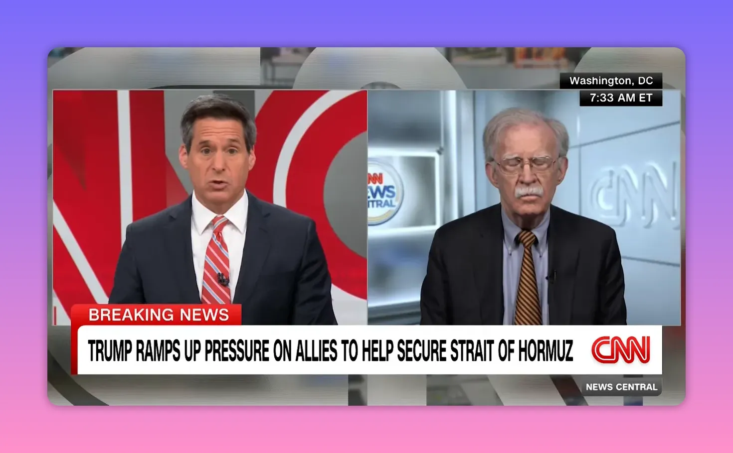 Klares CNN-Split-Screen-Foto: Moderator links, sicherheitspolitischer Kommentator rechts; Lauftext über Druck auf Verbündete zum Schutz der Straße von Hormuz.