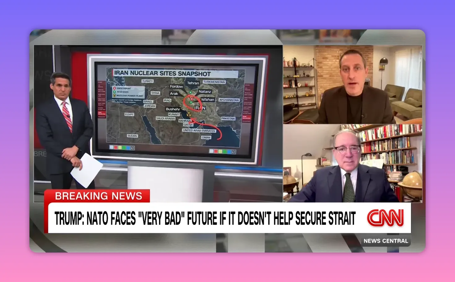 TV-Screenshot: Deutlich sichtbare Karte 'Iran Nuclear Sites Snapshot' mit eingezeichnetem Seeweg zur Straße von Hormuz und zwei Experten-Feeds rechts