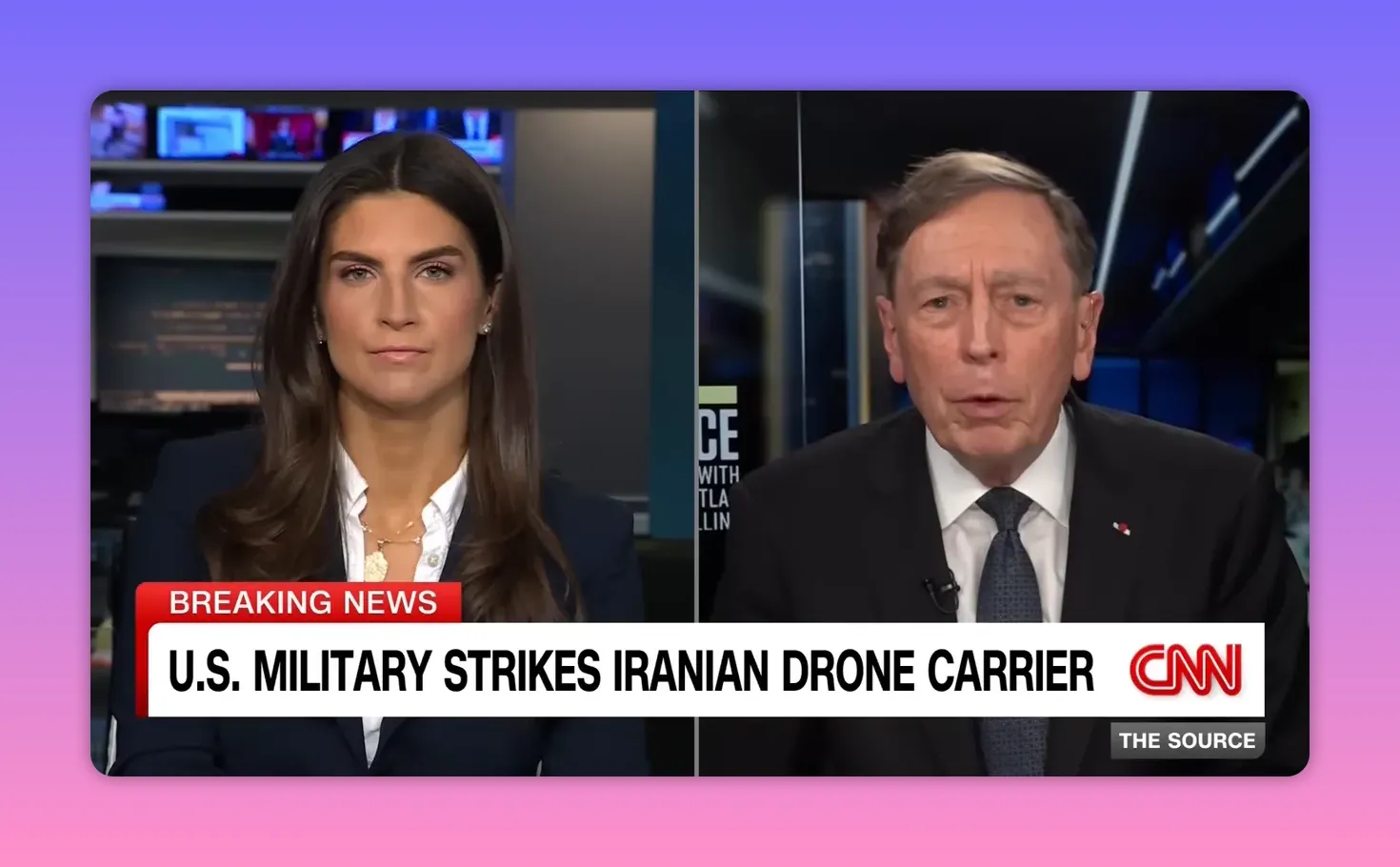 CNN Studio-Splitshot mit Breaking‑News Banner: U.S. military strikes Iranian drone carrier