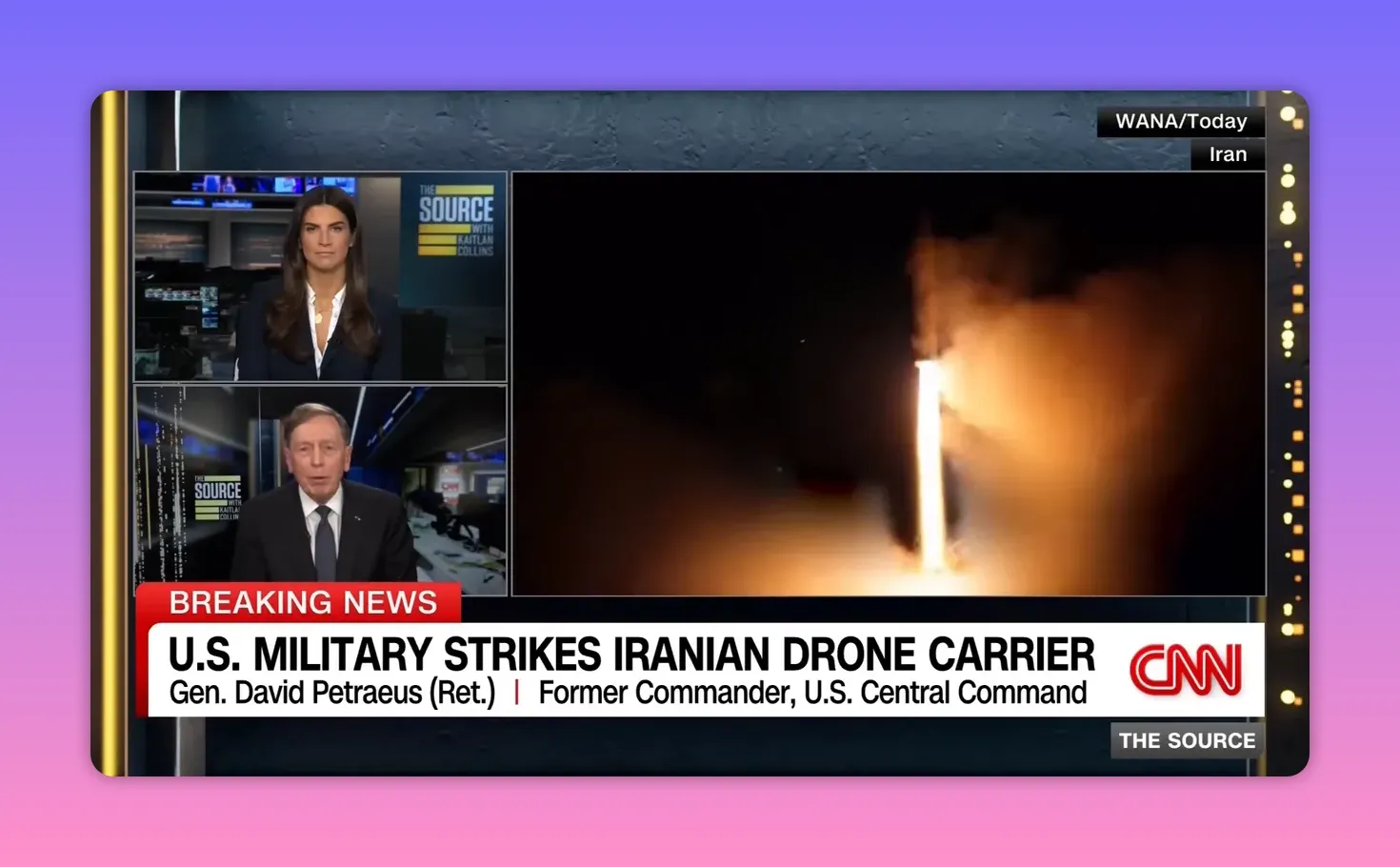 Rakete startet bei Nacht mit klarer Feuer- und Rauchspur in einer Fernsehsplit-Ansicht