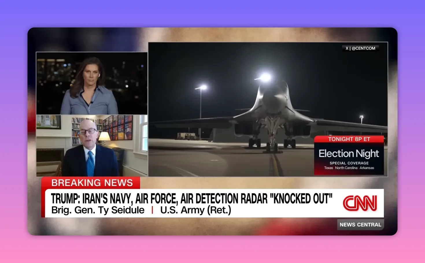 Strategischer Bomber frontal auf dem Rollfeld bei Nacht, Scheinwerfer an.