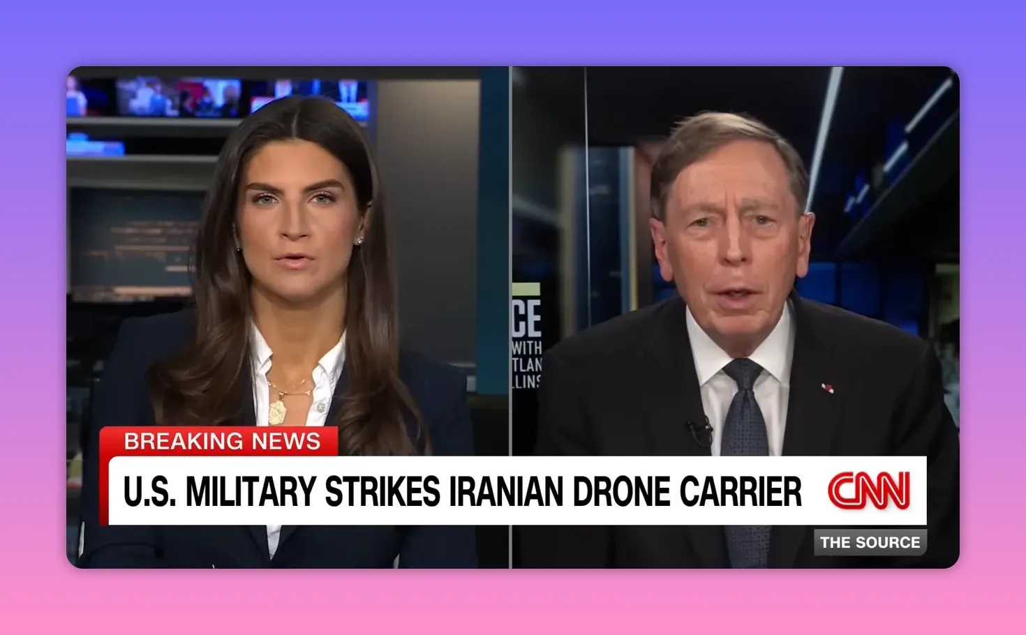 CNN Split‑Screen mit gut lesbarem Breaking News Banner 'U.S. MILITARY STRIKES IRANIAN DRONE CARRIER' und zwei Moderatoren
