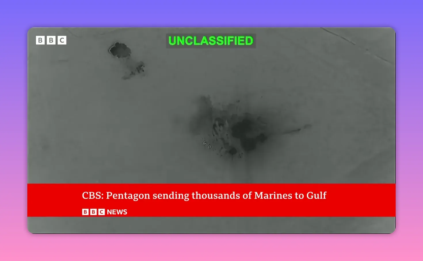 Séquence aérienne marquée 'UNCLASSIFIED' montrant des impacts et cratères sur le sol après frappes