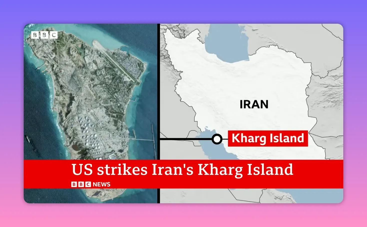 Image divisée montrant une vue satellite de l'île de Kharg à gauche et une carte de l'Iran à droite avec l'étiquette 'Kharg Island'