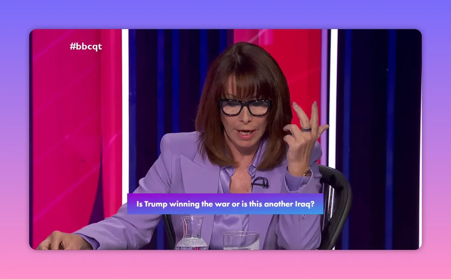 Plan net d'une intervenante pendant un débat télévisé, avec un bandeau interrogeant si c'est un nouvel Irak