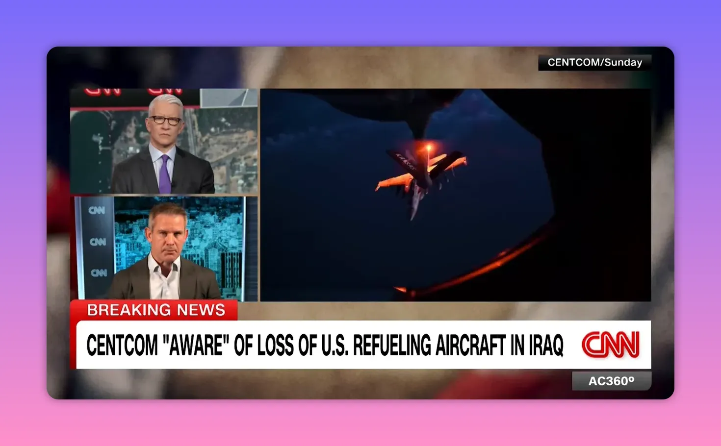 Nachtliche Ansicht einer Luftbetankung zwischen Tanker und Empfängerflugzeug