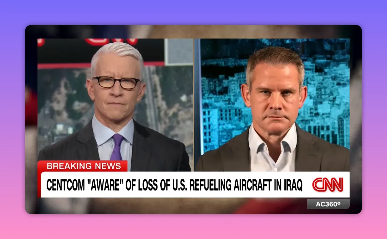 CNN-Split-Screen mit Schlagzeile: CENTCOM 'aware' of loss of U.S. refueling aircraft in Iraq