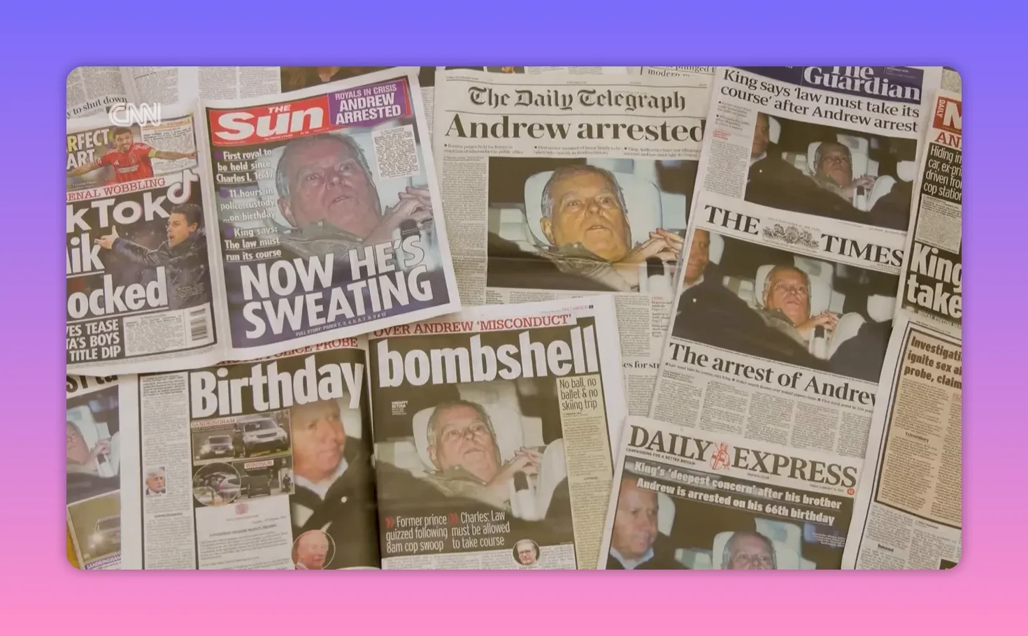 Collage mehrerer Zeitungs-Titelseiten mit großen Schlagzeilen und Fotos einer festgenommenen Person.