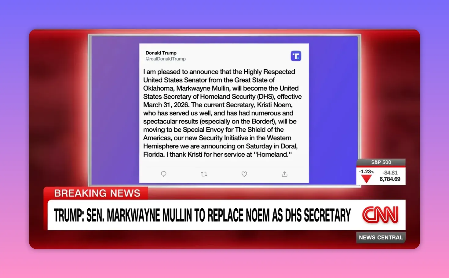 Capture d'écran d'un tweet annonçant que le sénateur Markwayne Mullin devient secrétaire du Homeland Security