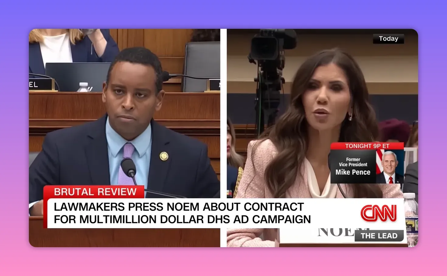 Écran partagé montrant une audition législative avec un bandeau indiquant un examen d’un contrat publicitaire du DHS