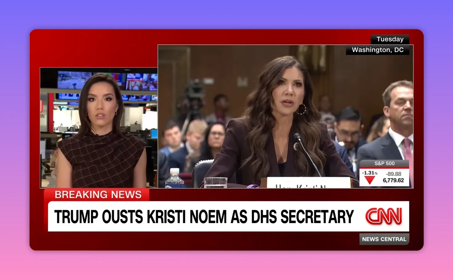 Capture d'écran d'une émission d'information montrant une audition sénatoriale et un bandeau d'actualité annonçant la sortie de la titulaire du poste au DHS.