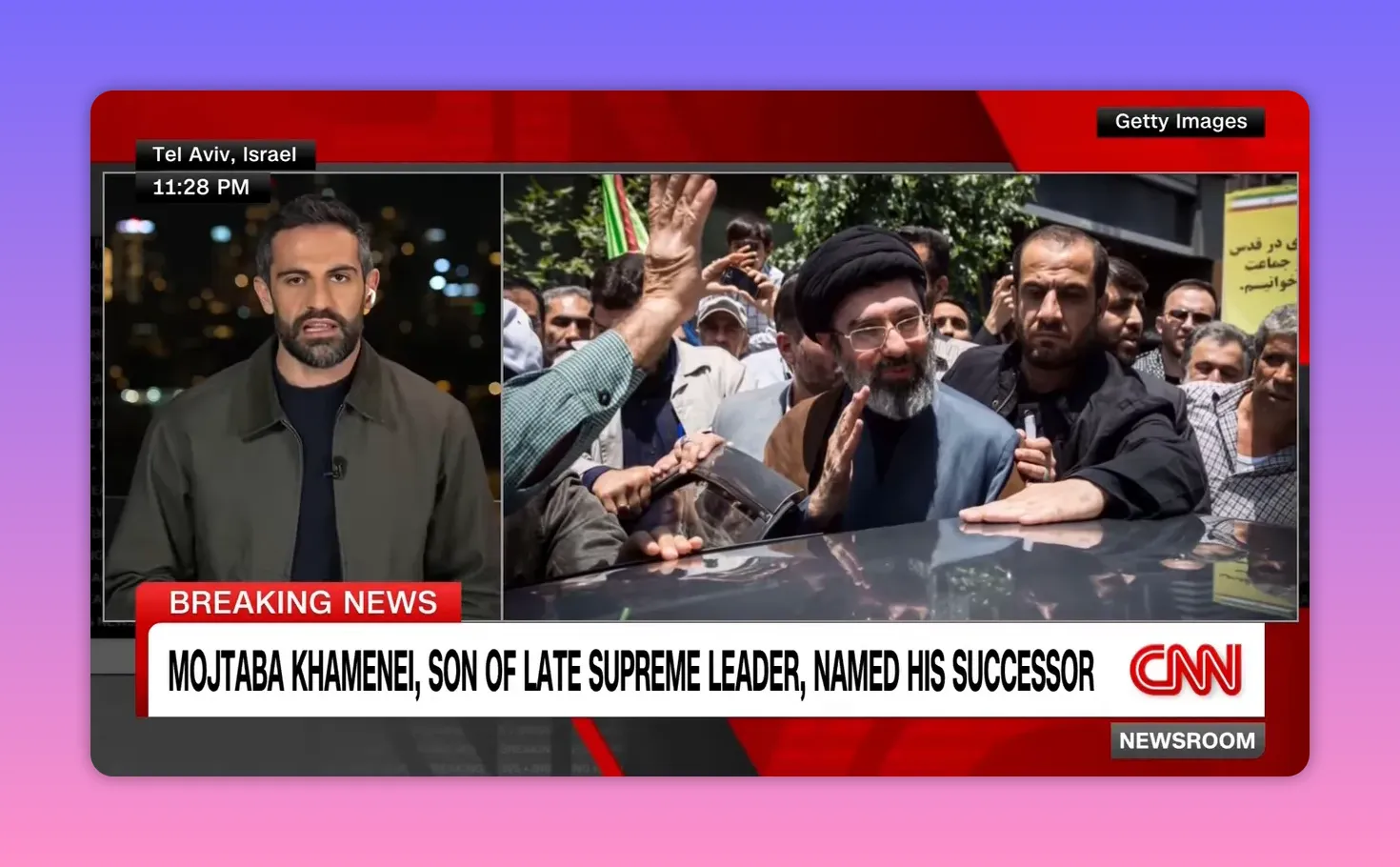 Korrespondent links, klares Foto eines religiösen Führers, der dem Publikum zuwinkt, rechts