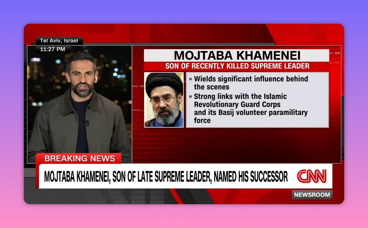 Nachrichtengrafik mit Überschrift, Porträt und Bulletpoints zu Einfluss und Verbindungen zu Sicherheitskräften