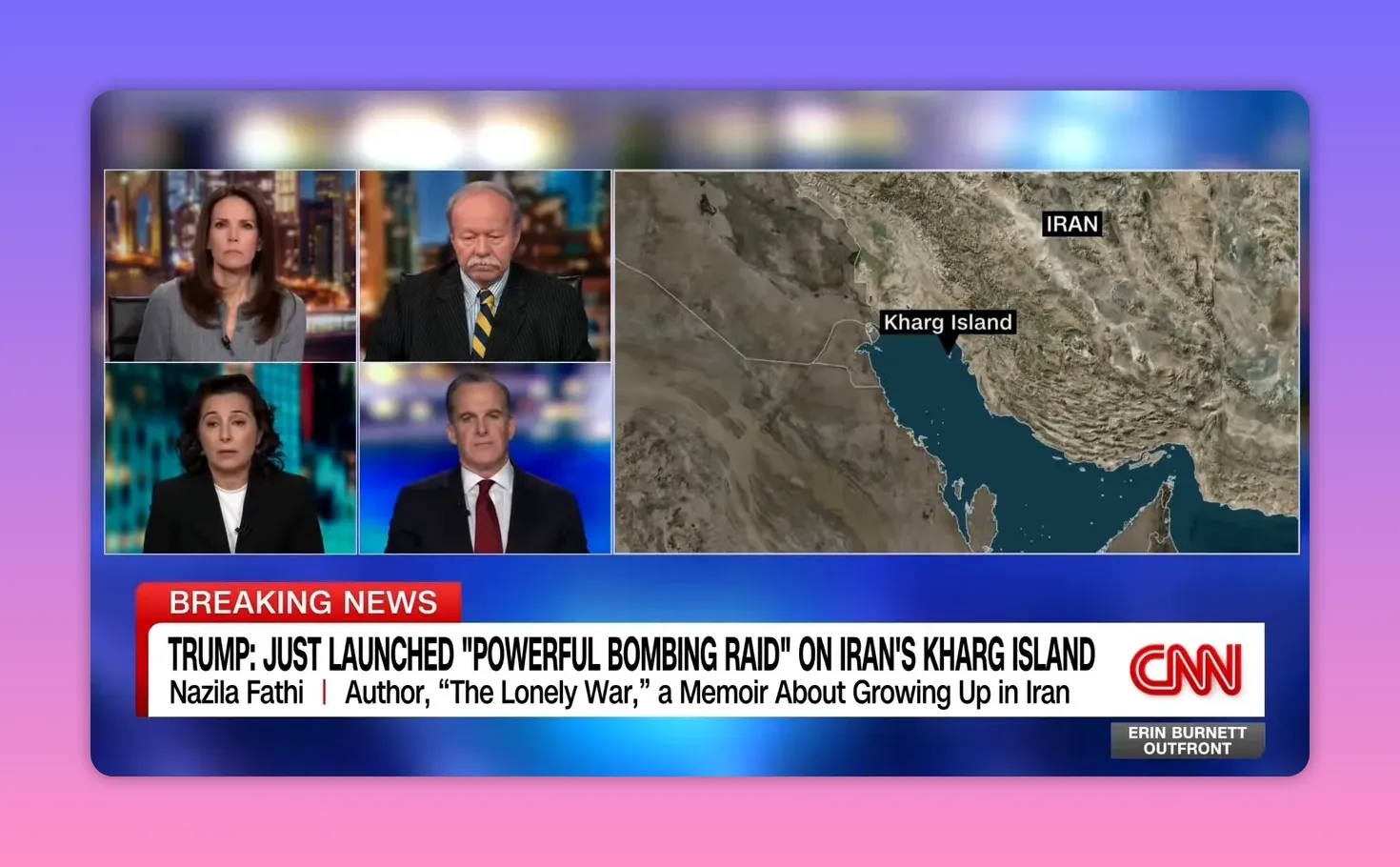 Satellitenkarte mit Markierung Kharg Island und CNN‑Breaking‑News‑Ticker