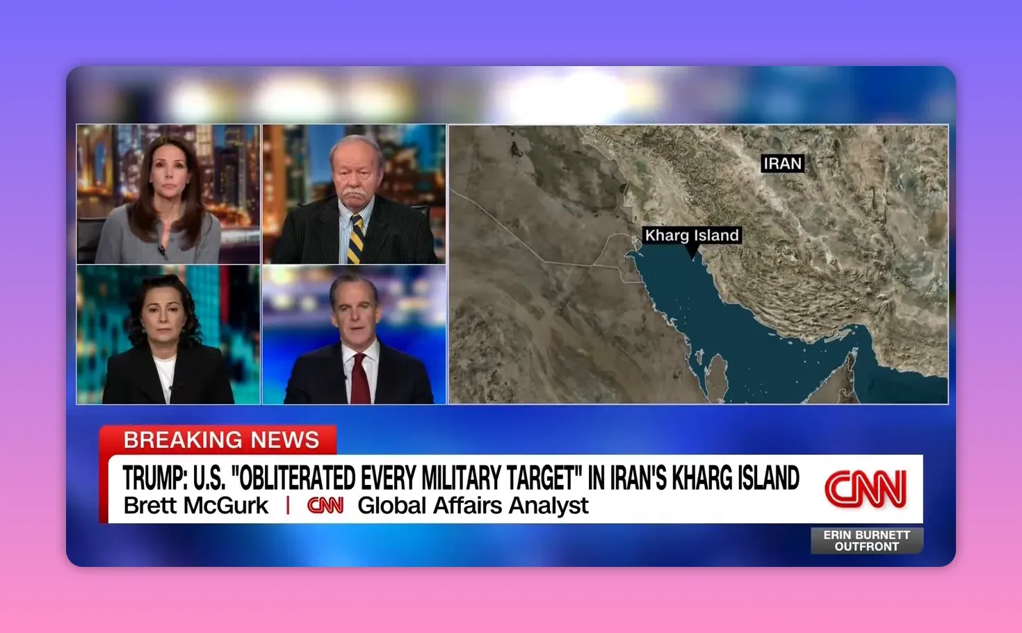 CNN-Bild mit hervorgehobener Kharg-Insel im Persischen Golf und Breaking-News-Text