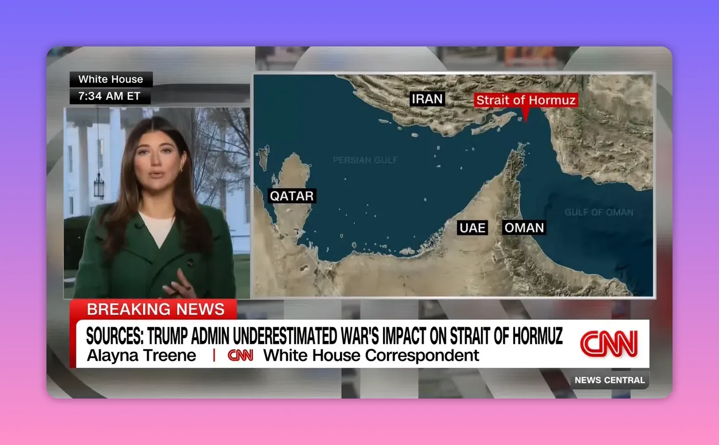 Karte des Persischen Golfs mit Markierungen für Iran, Qatar, UAE, Oman und hervorgehobener 'Strait of Hormuz'.