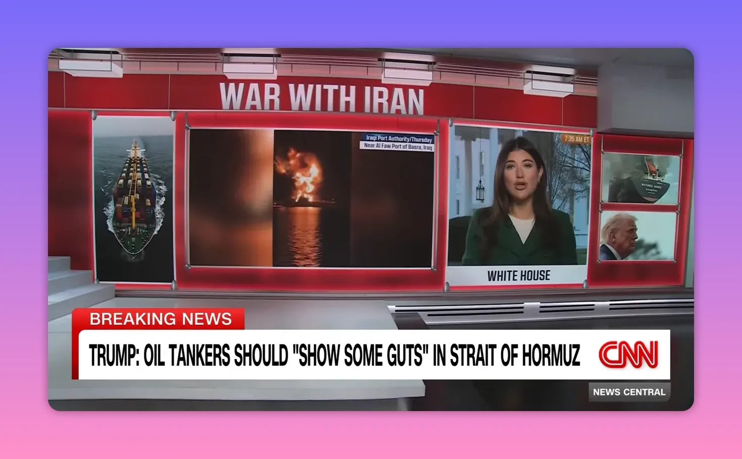 CNN-Studiografik mit brennendem Öltanker und Bugansicht eines Frachters