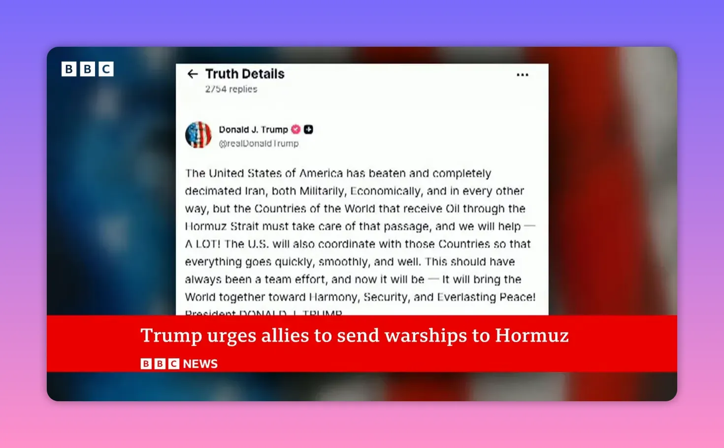 capture d'écran lisible d'un message sur un réseau social demandant le déploiement de navires pour sécuriser le détroit d'Ormuz