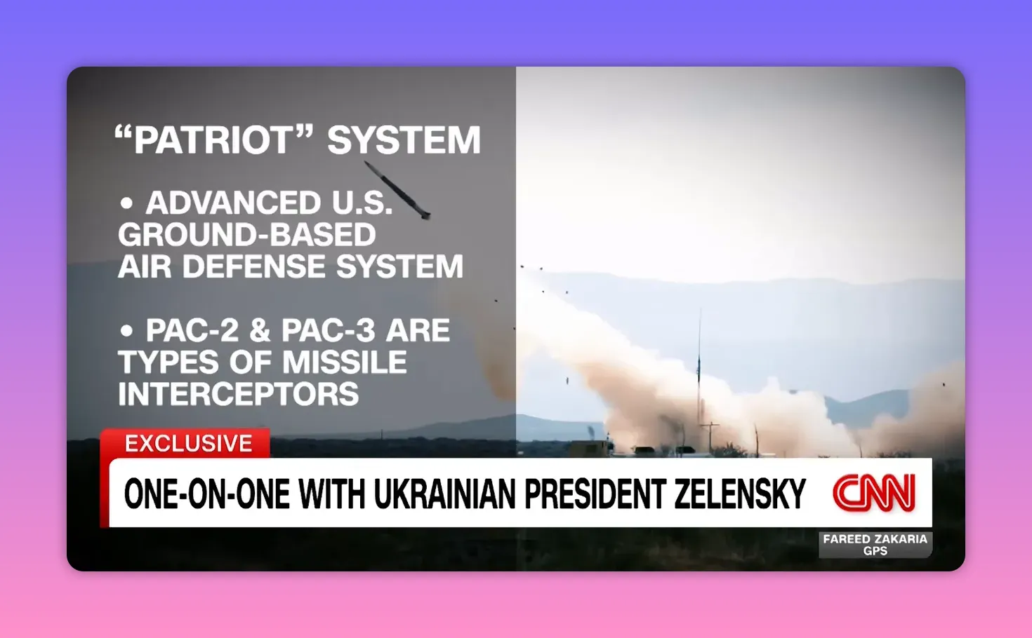 Infografik und Liveaufnahme eines Patriot-Luftabwehrsystems mit Text zu PAC-2 und PAC-3