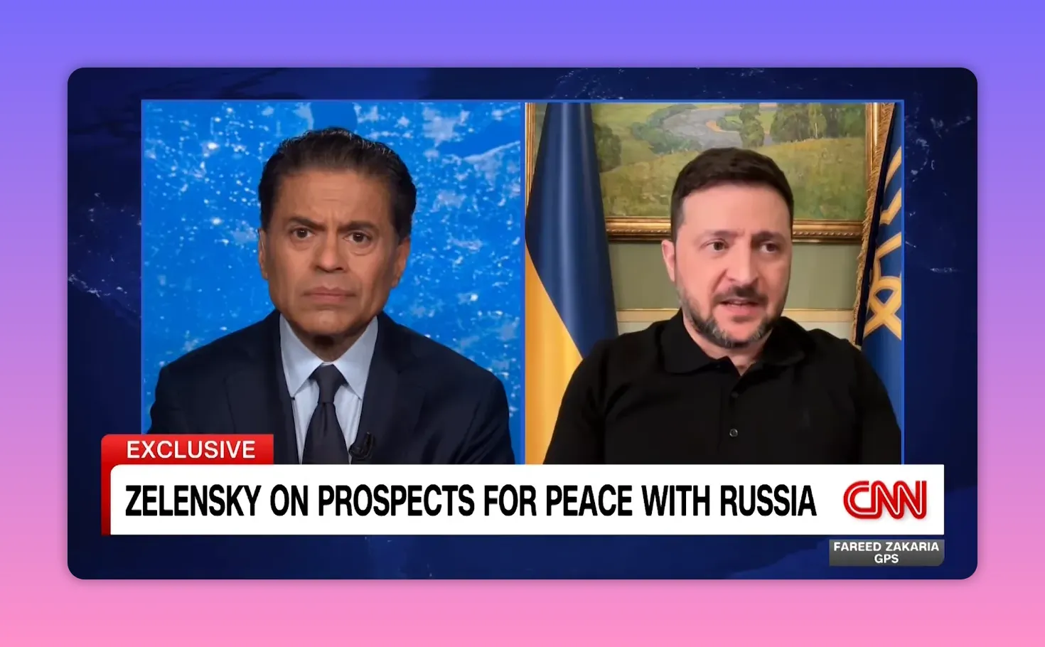 Hochauflösender Screenshot eines Split-Screen-Nachrichteninterviews mit klarer Sendungs-Headline