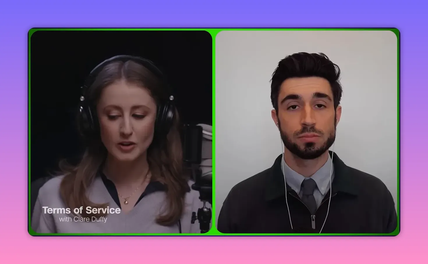 Zwei Gesprächspartner in einem geteilten Videobild; linke Sprecherin mit Mikro/Kopfhörern, rechter Sprecher vor neutralem Hintergrund.