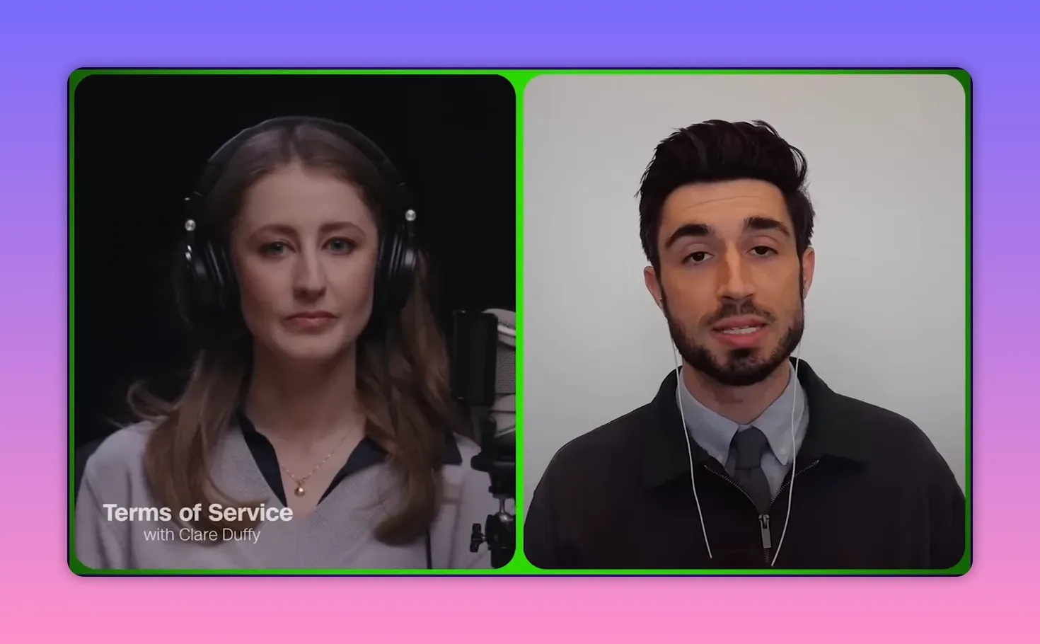 Split‑Screen mit Moderatorin im Studio links und einem Experten im Gespräch rechts